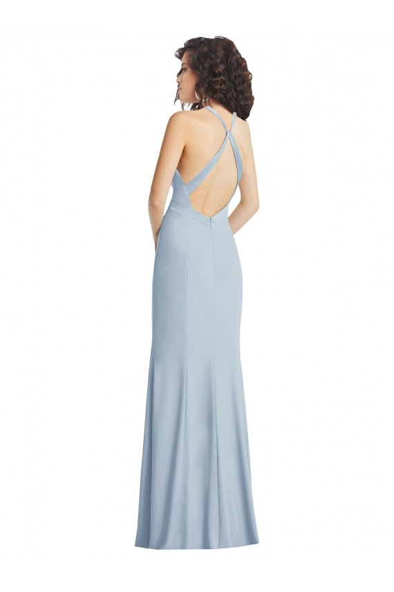 Stretch Crepe Criss Cross Back Long Halter Neck Light Sky Blue Trumpet Formal Dress