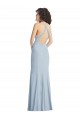 Stretch Crepe Criss Cross Back Long Halter Neck Light Sky Blue Trumpet Formal Dress